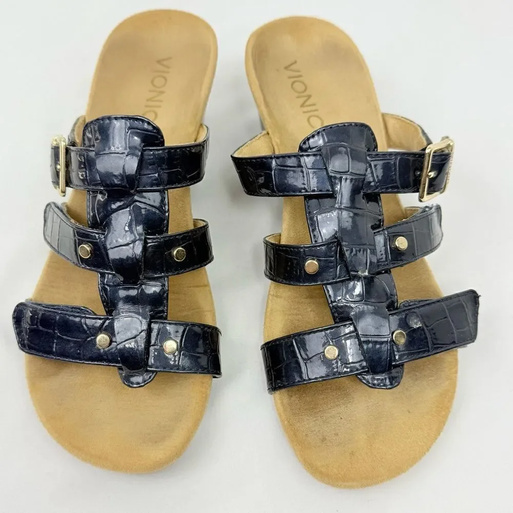 Vionic RADIA Blue Patent Reptile Embossed Triple T Strap Slide Wedge Sandals